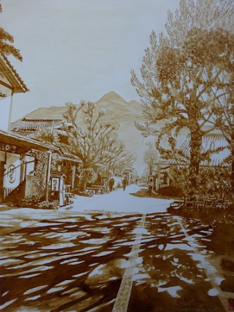 コーヒー画　湯布院の朝