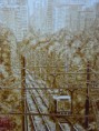 コーヒー画　新緑の頃（都電荒川線）」