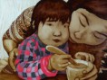 コーヒー画　ピンクとグレーのチェックの服
